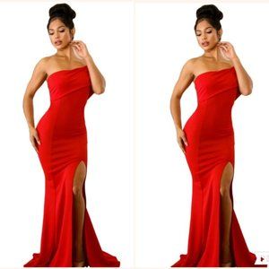 Red Off The Shoulder One Sleeve Slit Maxi Dress